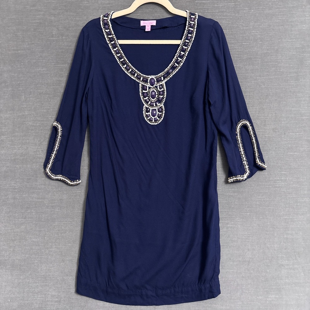 Lilly Pulitzer Dress XS Blue Sarah Beaded Tunic Cover Up Resortwear Swim Beach